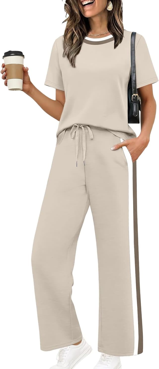 Detalle de WIHOLL 2-Piece Lounge Set for Women: Matching Short-Sleeve Top & Wide-Leg Pants with Pockets