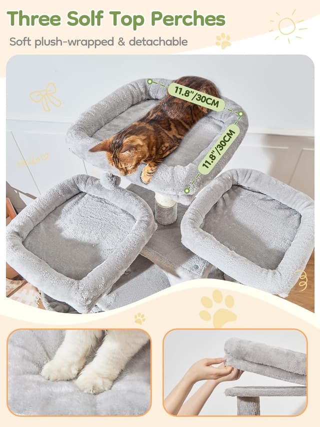 Detalle de Taoqimiao MS047W 193 cm Cat Tree with 7 Sisal Posts, Metal Hammock & Hanging Basket