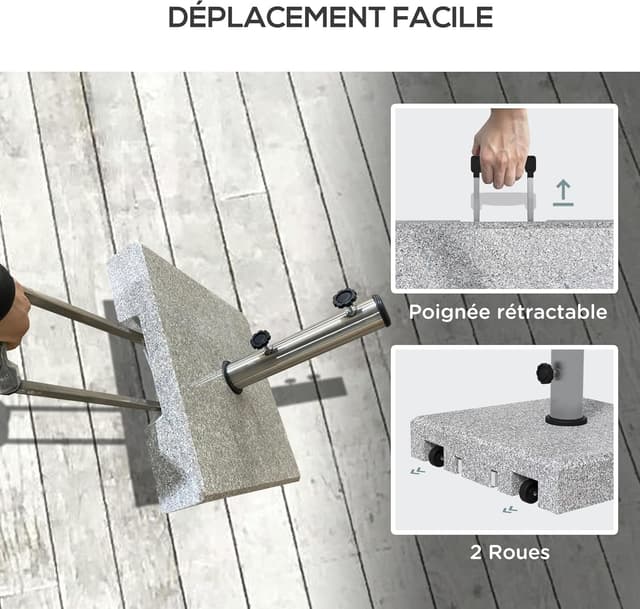 Detalle 2 de Outsunny Pied de parasol en granit carré avec roulettes – compatibilité mât Ø32/Ø38/Ø48 mm, 28 kg