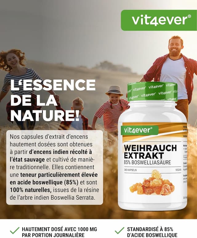 Detalle de Vit4ever Extrait d’encens 365 gélules Premium – 85% d’acide boswellique (1000 mg/jour, vegan)