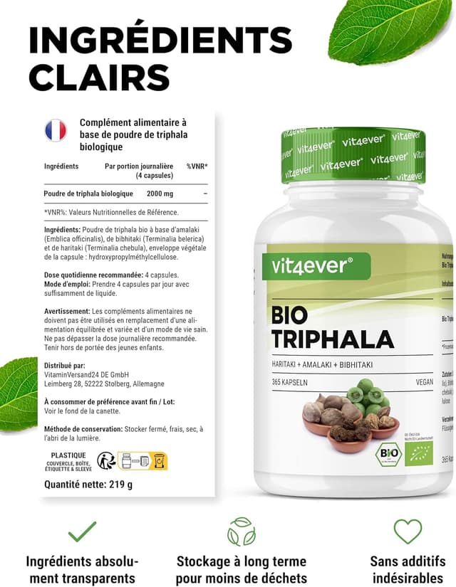 Detalle de Triphala Bio haute dose 2000 mg (500 mg par capsule) – 365 capsules, poudre indienne Haritaki Amalaki Bibhitaki (végane)