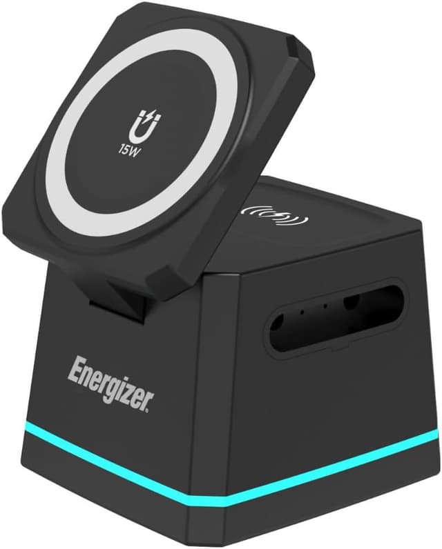 Detalle de Energizer WCP307 chargeur de bureau 3-en-1 sans fil 15 W avec MagSafe, support pliable et hauteur réglable