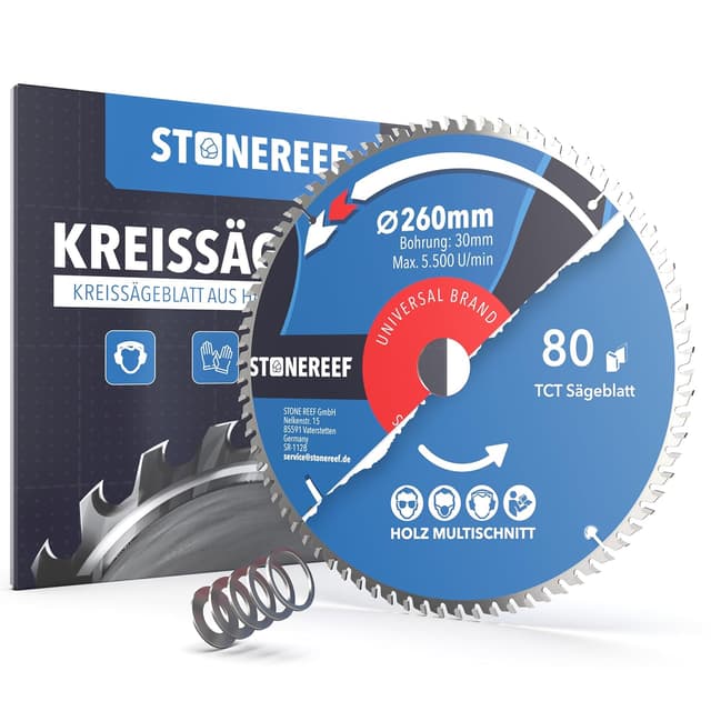 Detalle de Sägeblatt 260x30 Kreissägeblatt (inkl. Adapter für Bohrung 20 & 16 mm) für Holz – kompatibel mit Winkelschleifern von Bosch, Makita & Co.