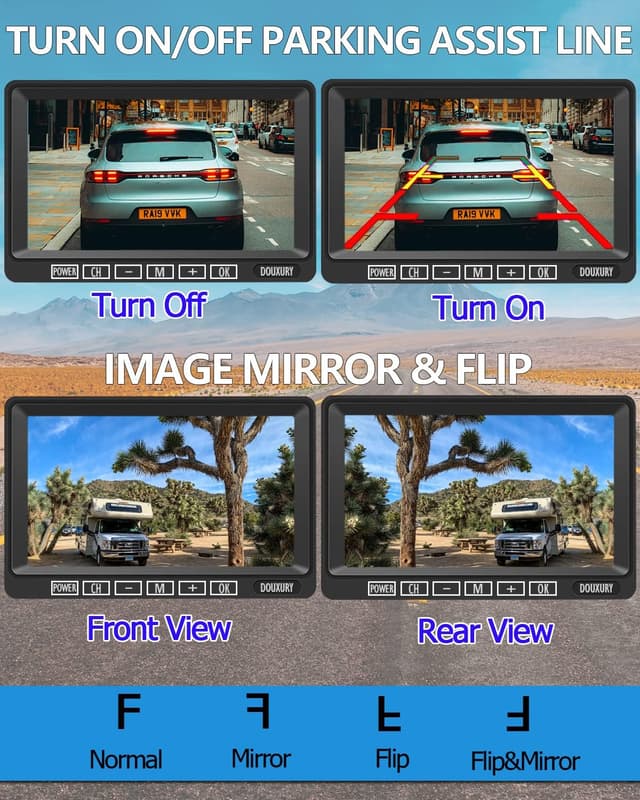 Detalle de DOUXURY RV Backup Camera Wireless System with 7" HD LCD Monitor, IP69 Waterproof 170° Camera + 4-Split Screen