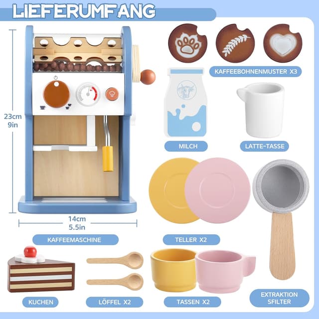 Detalle de GAGAKU Kinder-Kaffeemaschine aus Holz mit Sound und Zubehör (15-teilig) – Spielküche für Barista-Rollenspiel ab 3 Jahre, blau