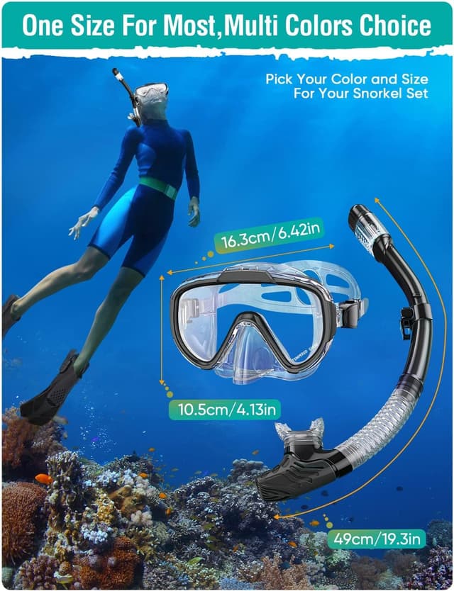 Detalle 2 de Lealinga adult snorkel set with anti-fog panoramic mask and dry top snorkel