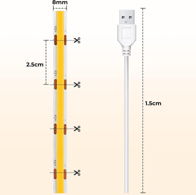 Detalle 2 de 3m 5V USB COB LED Streifen (8 mm), selbstklebend, CRI 92, punktlos – Naturweiß 4000K mit 1,5 m USB-Kabel