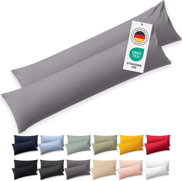 Detalle de Blumtal Seitenschläferkissen Bezug 40 x 145 (2er Set) – Grau, 100% Baumwolle (OEKO-TEX), mit Reißverschluss