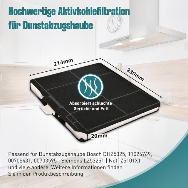 Detalle de 2 Aktivkohlefilter für Dunstabzugshauben (Kompatibel u. a. Bosch DHZ5325, Siemens LZ53251, Neff Z5101X1) – Ersatzset mit Geruchsfilter