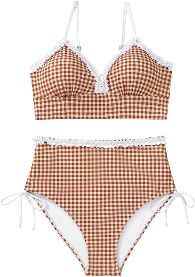 Detalle de Herseas Women’s Splice Ruffle Trim Bikini Set with Tie-Side High-Waisted Bottom