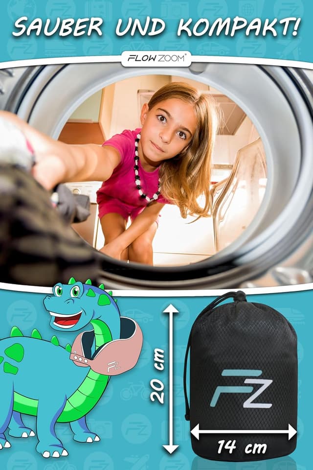 Detalle 2 de FLOWZOOM Nackenkissen für Kinder ab 6 Jahren (Größe M) mit Memoryschaum, einstellbar & waschbezug – inkl. Beutel, Rosa