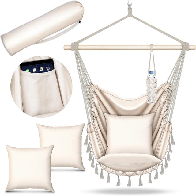 Detalle de tillvex Hängesessel mit 2 herausnehmbaren XXL-Kissen, Getränkehalter & Bücherfach