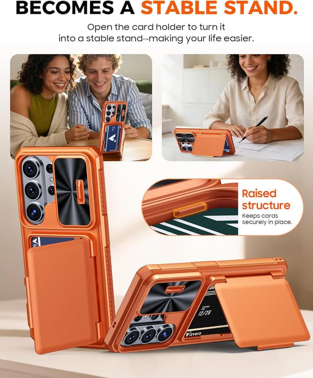 Detalle 1 de Vizvera for Samsung Galaxy S26 Ultra case with sliding camera cover, card wallet & RFID protection (Orange)