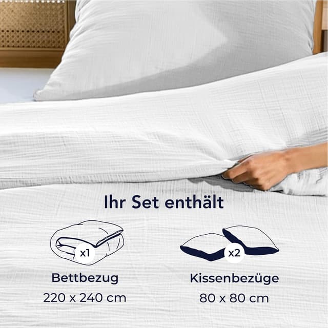 Thumbnail 6 de Dreamzie Musselin-Bettwäsche 220x240 cm (100% Baumwolle) mit 1 Bettbezug & 2 Kissenbezügen 80x80 cm – Oeko-Tex, Reißverschluss, Weiß