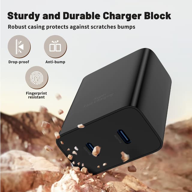 Detalle de 45W Dual Port Super Fast Charger with Long USB C to C Cable (10ft) — Type C Wall Charger Block for Samsung Galaxy Phones