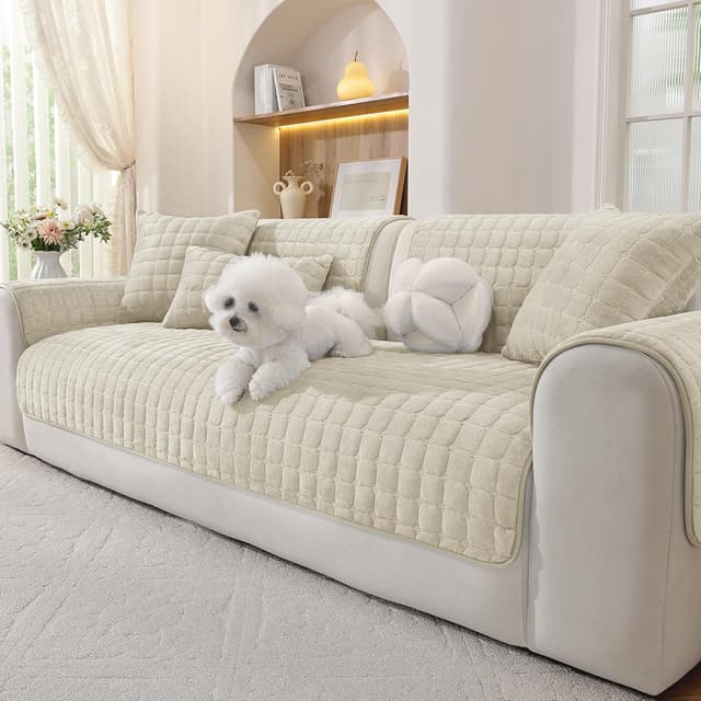 Detalle de Ystyle Copridivano in pile morbido beige antiscivolo (90x240 cm) per divani e chaise longue