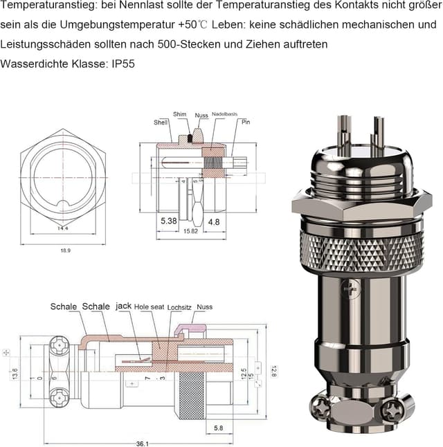 Detalle 1 de CLDIY GX16 2‑poliger Metallrundstecker 10 Stück 🔌