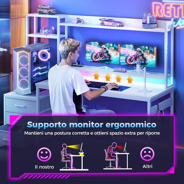 Detalle 2 de Coleshome Scrivania Gaming con libreria e cassetti, LED e presa integrata, 137×48 cm (fibra di carbonio bianco)