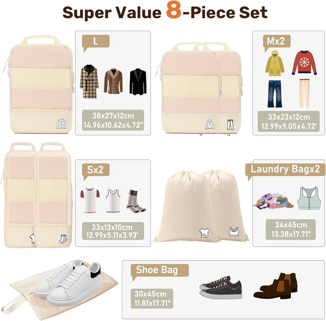 Detalle 1 de Samfolk Compression Packing Cubes for Suitcases – Ultralight 8 Set in Beige