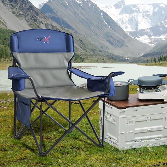Thumbnail 1 de RELAX FIELD Campingstuhl faltbar bis 200 kg mit hoher Rückenlehne, Getränkehalter und Kühltasche (blau)