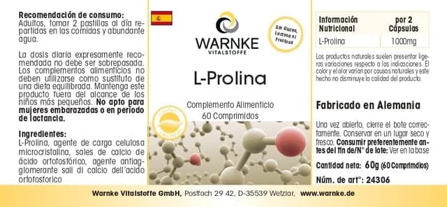 Thumbnail 2 de Warnke Vitalstoffe L-Prolina 500mg Vegana 60 comprimidos 💊