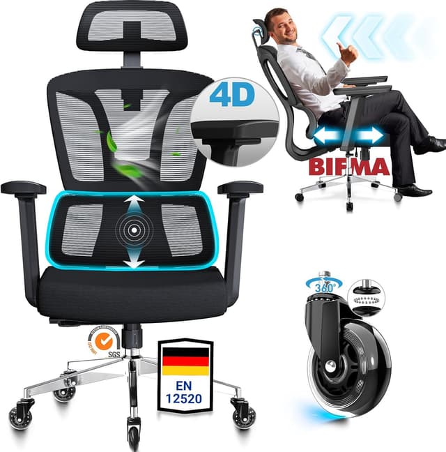 Detalle de MELOKEA Bürostuhl ergonomisch mit 4D-Armlehnen, verstellbarer Sitztiefe & Lordosenstütze (bis 200 kg)