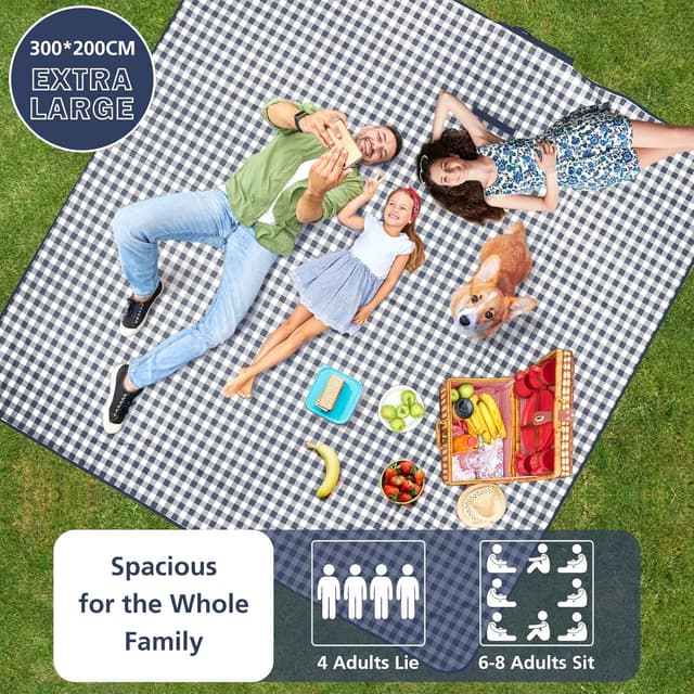 Detalle 2 de Anyiner Picnic Blanket Waterproof 300 x 200 cm (Blue Plaid) – Sand-proof, slip-resistant travel rug