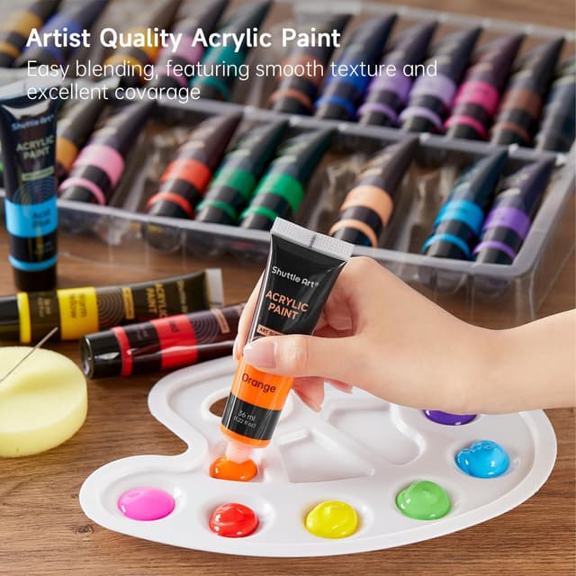 Detalle de Shuttle Art 48 Pack Acrylic Paint Set with 30 colours, 10 brushes, 5 canvases and palette