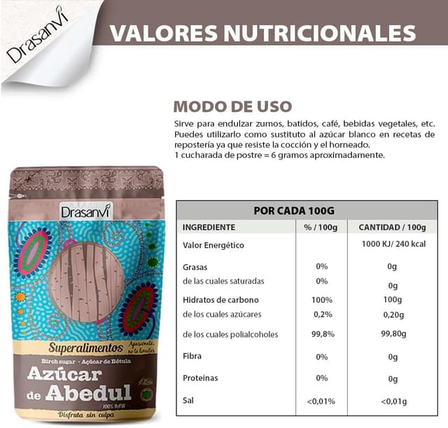 Thumbnail 4 de Drasanvi Azúcar de Abedul Puro 🌿 Xilitol Bajo en Calorías 300 g