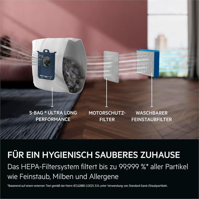 Detalle de AEG Beutelsauger VX9‑5‑EBR mit 69 dB, HEPA‑Filter und Mini‑Turbodüse für Tierhaare