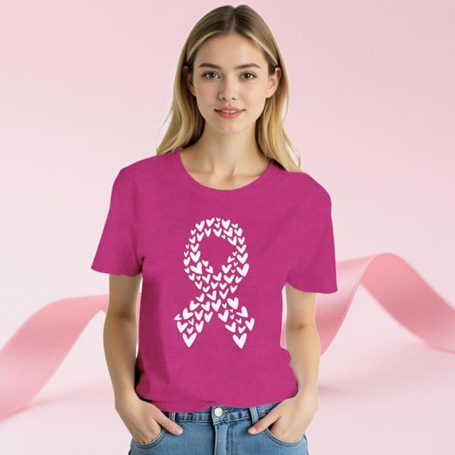 Detalle de Qskall breast cancer awareness T-shirt for women with pink ribbon & heart detail (S–XXL)