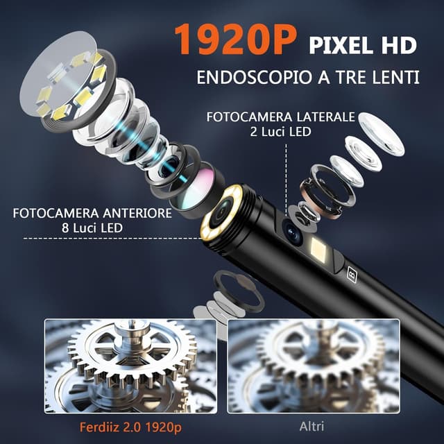 Thumbnail 2 de Ferdiiz Endoscopio Professionale 7" IPS 1920P HD 1920P con tripla lente e LED regolabili, sonda IP68 con cavo semi-rigido 5 m