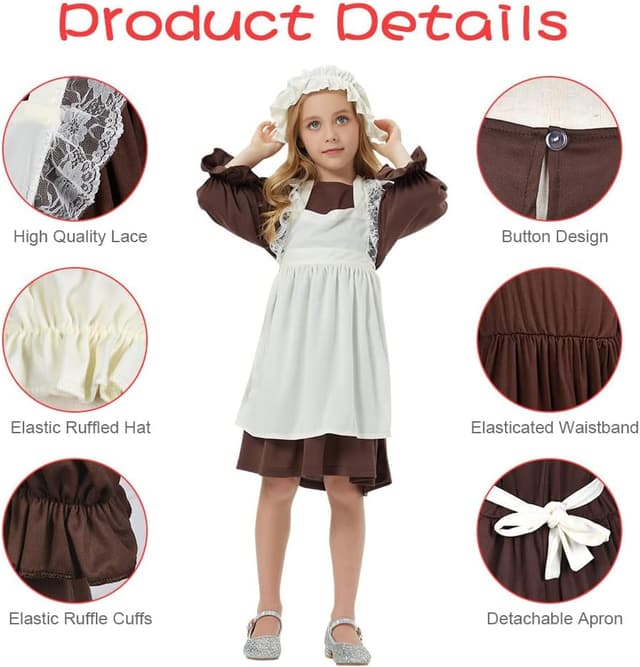 Detalle de Aomig Vestito da Cameriera Bambina in stile medievale (kit da 4 pezzi: abito, grembiule, bonnet e calzini)