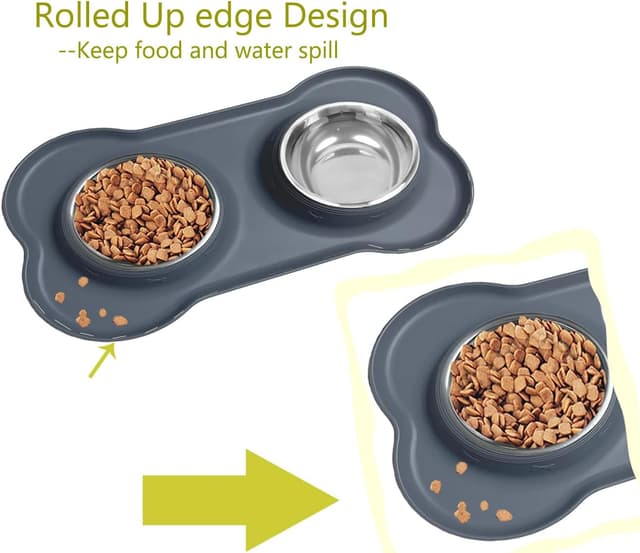 Detalle de Stainless steel dual pet bowl set for small dogs and cats (double bowls with non-spill, non-slip silicone mats)
