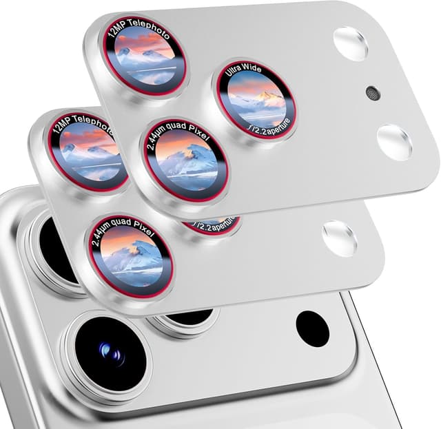 Detalle de HelloDeere 9H High-alumina Tempered Glass Camera Lens Protector for iPhone 17 Pro Max (Silver, 2-Pack)