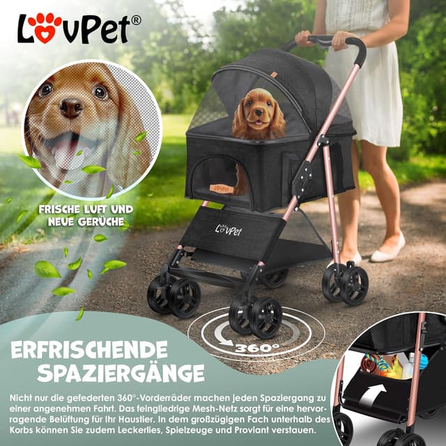 Detalle de LOVPET® Hundewagen 2in1 als Hundebuggy & Hundebox, faltbar bis 20 kg, mit 360°-Drehrädern
