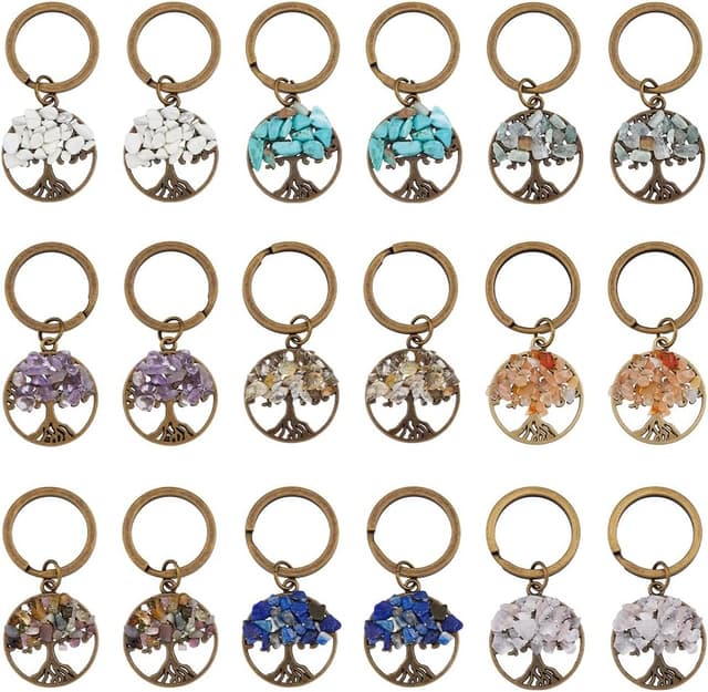 Detalle de SUPERFINDINGS 18-piece Tree of Life gemstone keychains in 9 colours (gemstone-style charm keyring set)
