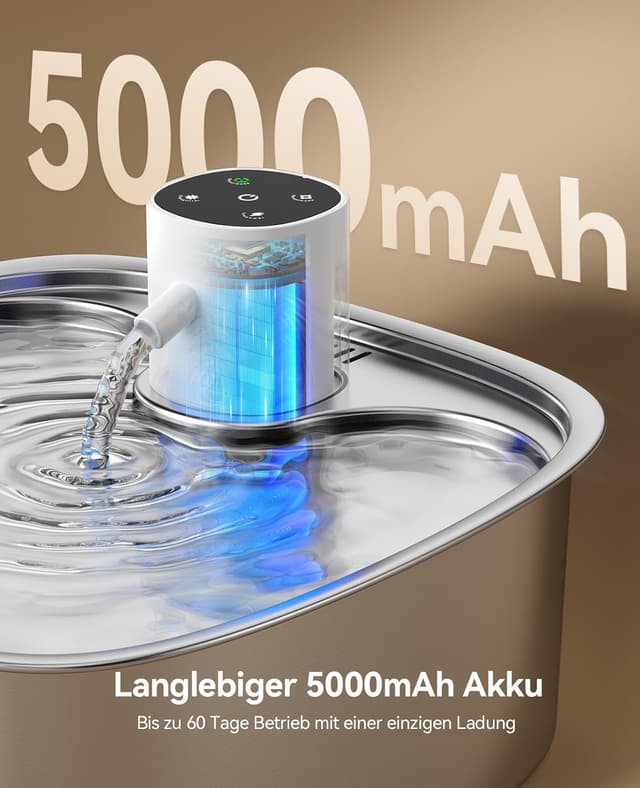 Detalle de FEELNEEDY 8L Katzenbrunnen kabellos mit 5000-mAh-Akku und 3 Filtern (Edelstahl)