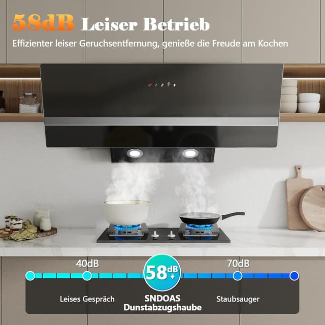 Detalle 2 de SNDOAS A+++ 90 cm Dunstabzugshaube (Abluft/Umluft) 450 m³/h, 3 Stufen + Boost, Schräghaube schwarz