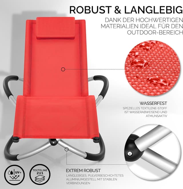 Detalle 2 de tillvex Relaxliege Gartenliege (Liegestuhl wetterfest, Schwungliege) bis 180 kg, atmungsaktiv – Rot