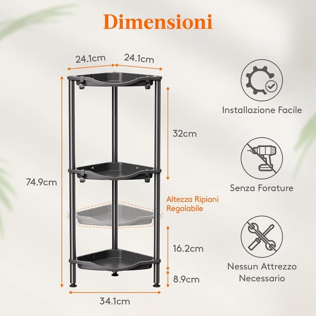 Detalle de lifewit Mensola Doccia a 3 Livelli senza Foratura per angolo bagno, 34 cm, nero