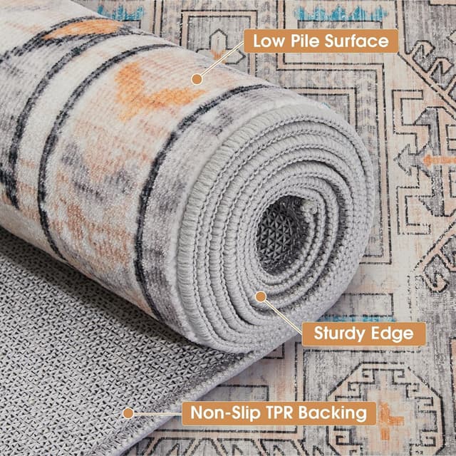 Detalle de Tapis Vasip Salon Vintage à poil ras lavable en machine avec dos antidérapant, style rétro floral 200x300 cm