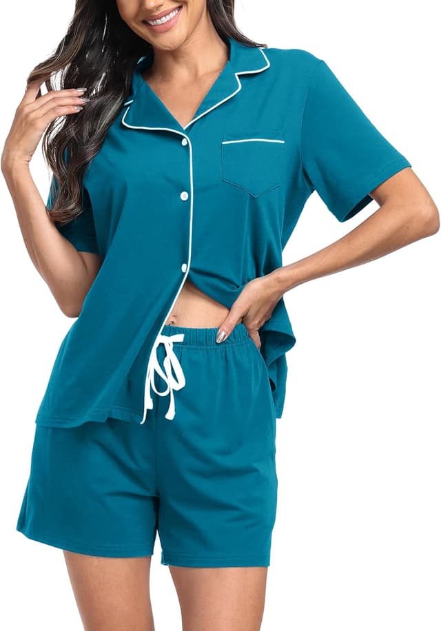 Detalle de Ensemble pyjama femme en coton Lovasy : short + haut col V à manches courtes