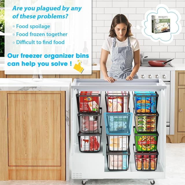 Detalle de SUNALLY Freezer Organizer Bins (4-Pack) — Stackable Chest Freezer Storage Baskets with Handles, Black