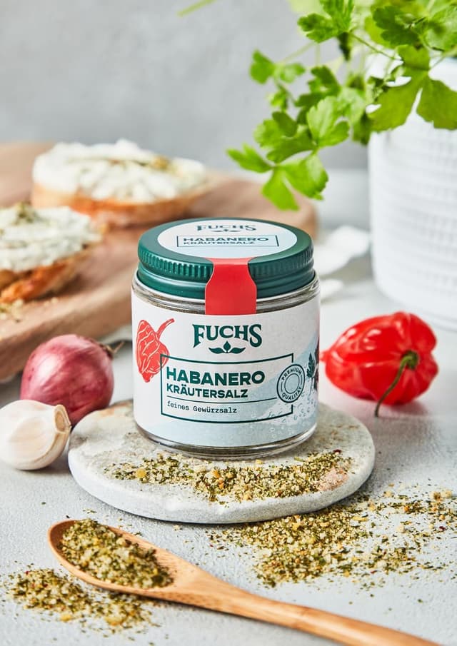 Detalle de Fuchs Gewürze Habanero Kräutersalz im wiederverschließbaren Gewürzglas (60 g) – Würzsalz für Pizza & Pasta