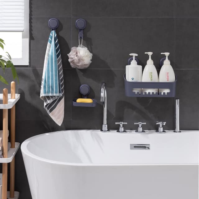 Detalle 2 de Uten Étagère de douche 4 pièces avec ventouses sans perçage (panier, porte-savon, crochets)