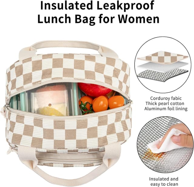 Detalle de OYLOLA Women’s Insulated Lunch Bag (Beige-Brown Plaid) — Small Cooler Lunch Tote