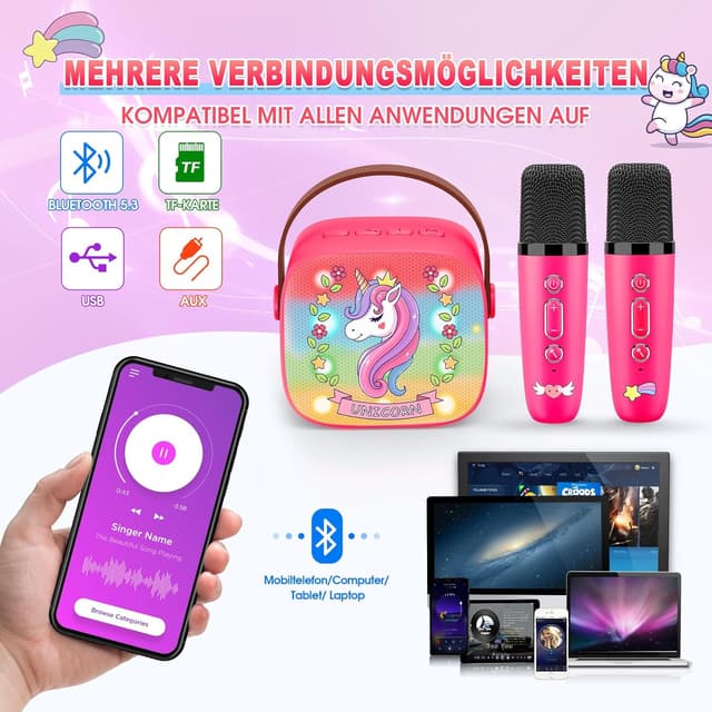 Detalle 2 de Dislocati Mädchen-Karaoke-Set mit Bluetooth: 2 Kinder-Mikrofone, DSP & LED-Lichter (3–12 Jahre)