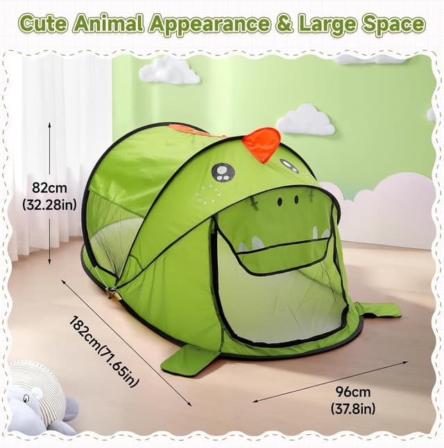 Detalle 2 de BTGGG kids pop up tent (green dinosaur) for indoor & outdoor play, foldable portable toddler playhouse