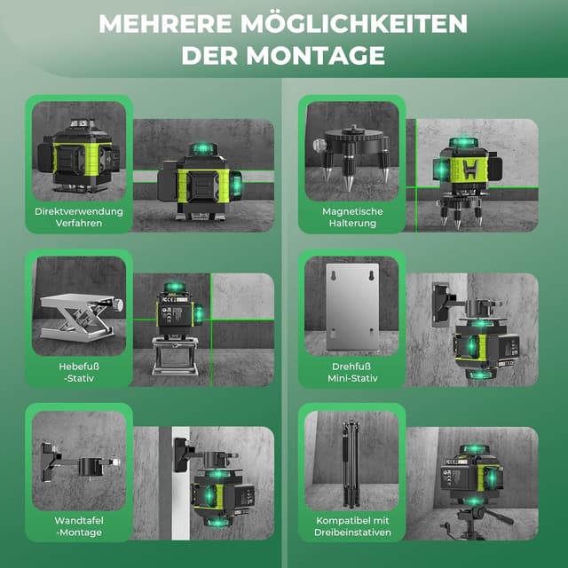 Detalle 2 de Kreuzlinienlaser Grün mit Stativ, 16 Linien (4x 360°) – 4D Nivellierlaser für Innenbereich & Baustelle